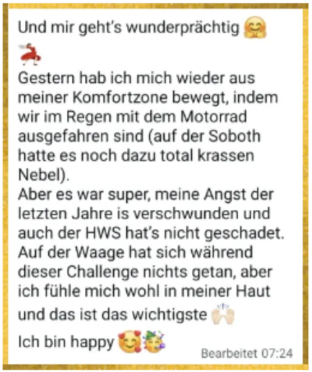 Community-Nachricht: „Auf der Waage hat sich nichts getan, aber ich fühle mich wohl in meiner Haut — und das ist das Wichtigste. Ich bin happy."