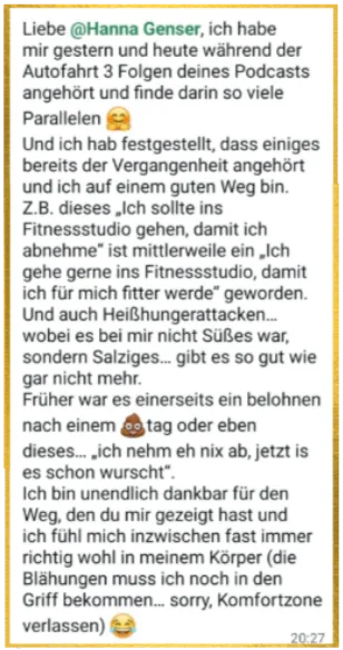 Community-Nachricht: „Aus ‚Ich sollte ins Fitnessstudio, damit ich abnehme‘ ist ‚Ich gehe gerne hin, damit ich für mich fitter werde‘ geworden — Heißhunger gibt es kaum noch."